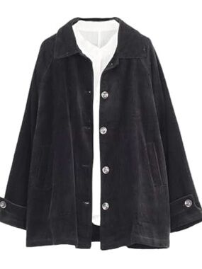 Minibee Black Corduroy Button-Front Women's Oversized Shirt Jacket